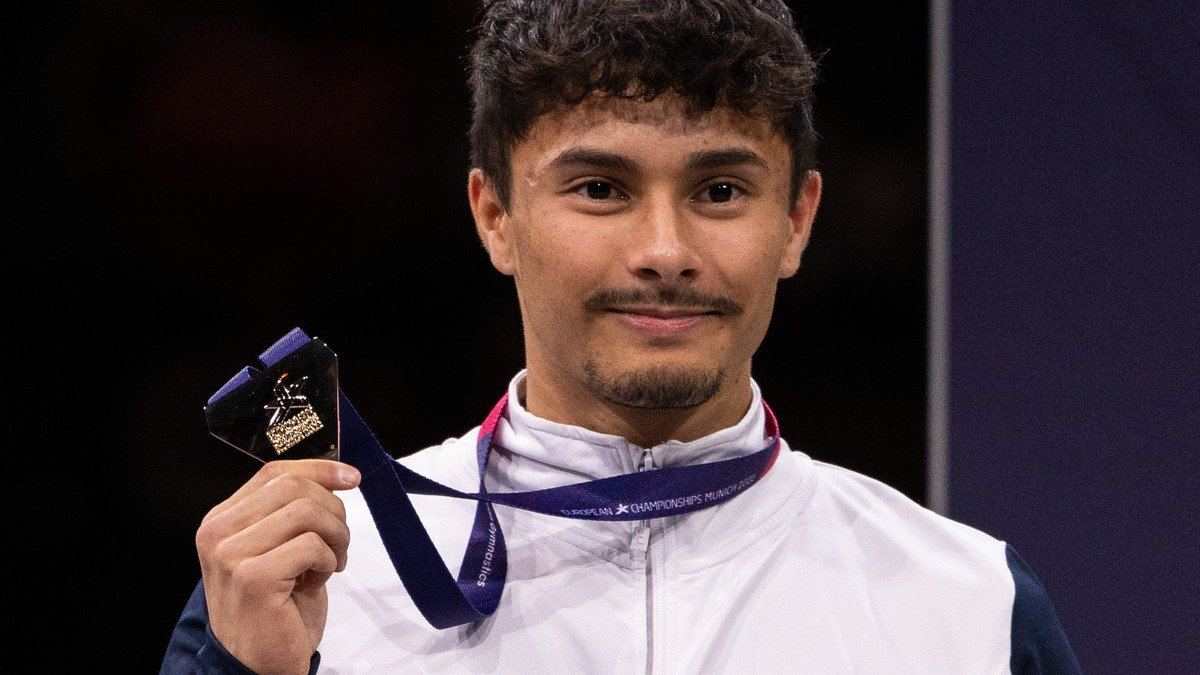 Jake Jarman of Great Britain with his medal at the 2022 European Championships (file photo)