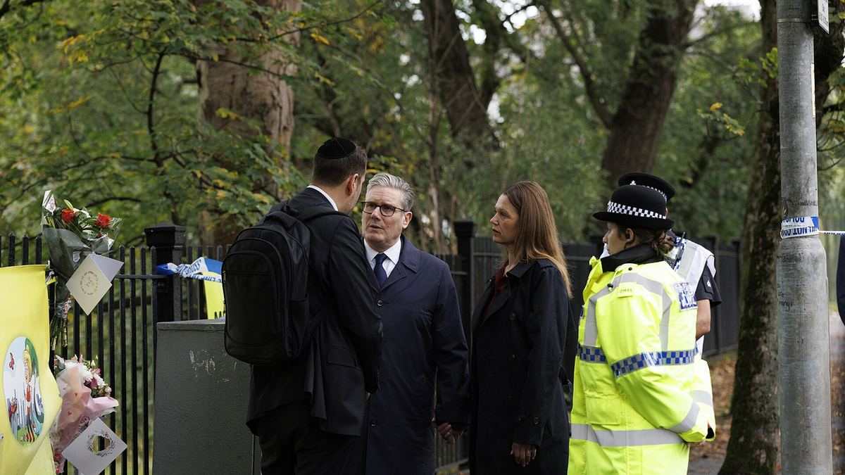 British Prime Minister visits the scene of the attack at Heaton Park Hebrew Congregation synagogue in Crumpsall, Manchester