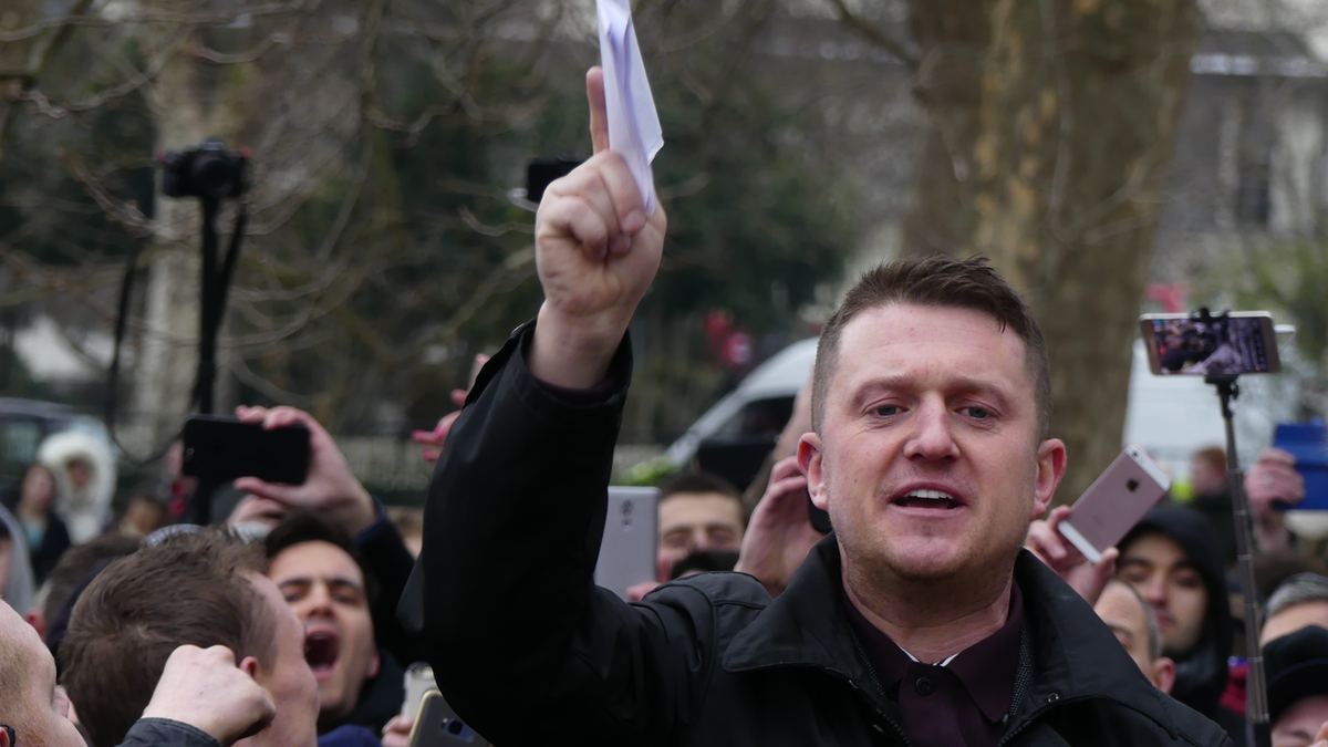 Tommy Robinson at Speakers' Corner, Hyde Park — his harassment trial opened at Southwark Crown Court on 19 October 2026